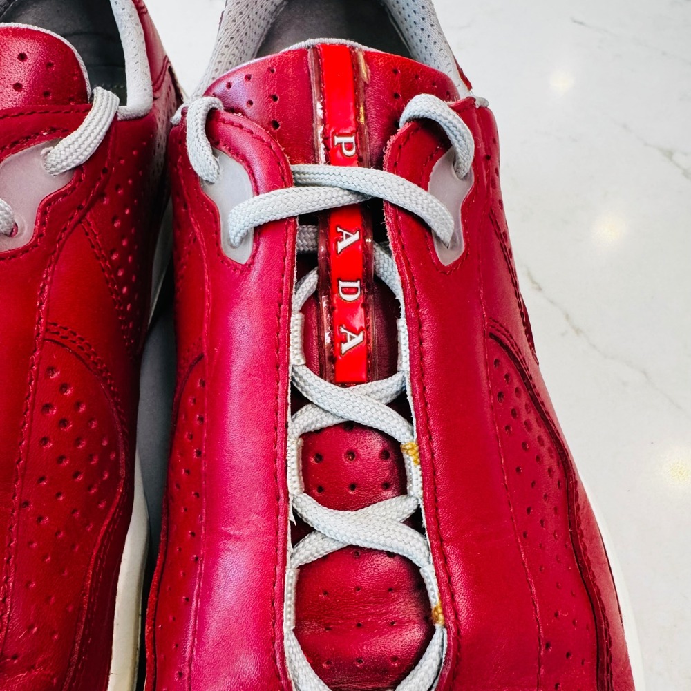 Prada Americas Cup Men 12 Red Leather Sneaker Low Top Trainers Athleisure Sporty - Picture 7 of 14